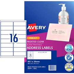 Avery Frosted Clear Inkjet Address Labels J8562 99.1x34mm 16UP 160 Labels 10 Sheets