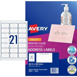 Avery Frosted Clear Inkjet Address Labels J8560 63.5x38.1mm 21UP 210 Labels