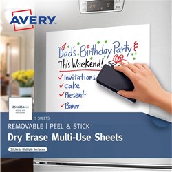 AVERY SELF ADHESIVE SHEETS 254x254mm White Dry Erase Pack of 5