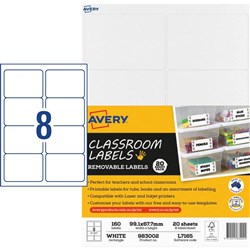 Avery Classroom Labels Laser Printer 99.1 x 67.7mm White 160 Labels 20 Sheets