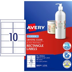 Avery Crystal Clear L7113 Labels 96x50.8mm Rectangle 10UP 100 Labels 10 Sheets