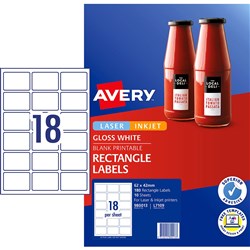 Avery Blank Printable Labels L7109 62x42mm Rectangle Gloss White 18UP 180 Labels 10 Sheet