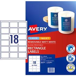 Avery Removable Labels L7107 REV 62x42mm Rectangle Matte White 18UP 180 Labels 10 Sheet