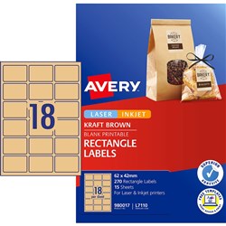 Avery Blank Printable Labels L7110 62x42mm Rectangle Kraft Brown 18UP 270 Labels 15 Sheet