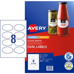Avery Blank Printable Labels L7127 84.7x50.8mm Oval Gloss White 8UP 80 Labels 10 Sheets