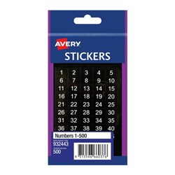 AVERY STICKER HANDIPACKS Numbers 1-500 PKT LABELS