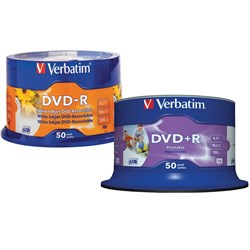 Verbatim Recordable DVD-R 120Min 4.7GB 16X Inkjet Printable Pack Of 50 White