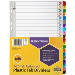 Marbig Plastic Indices & Dividers A4 Reinforced 1-20 Tab Multi Colour