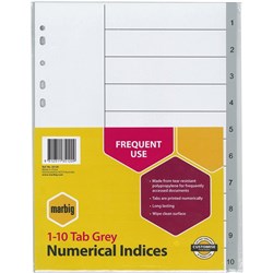 Marbig Plastic Indices & Dividers A4 Indices 1-10 Grey