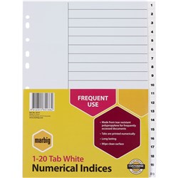 Marbig Plastic Indices & Dividers A4 1-20 White