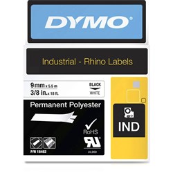 Dymo 18482 Rhino Industrial Labels 9mmx5.5m Polyester Black on White