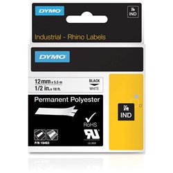 Dymo 18483 Rhino Industrial Labels 12mmx5.5m Polyester Black on White