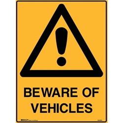 Brady Warning Sign Beware Of Vehicles 450W x 600mmH Polypropylene Yellow And Black